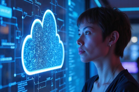 A person looking at futuristic cloud data visualizations