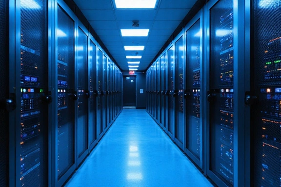 Server racks in a secure data center with blue lighting