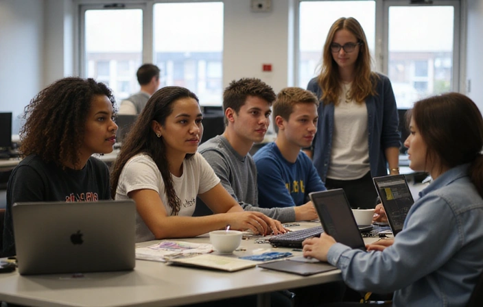 Students in a coding class working on computers