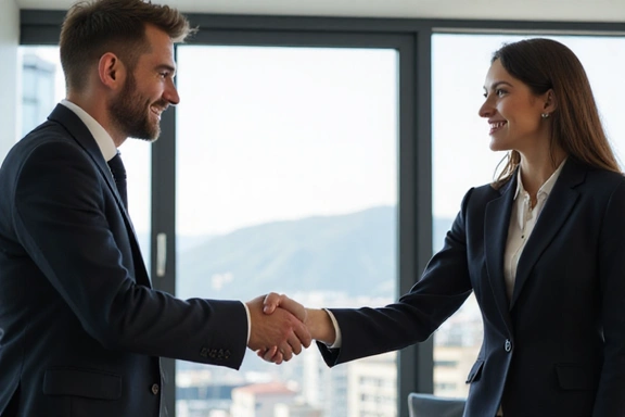 Two business people shaking hands in a bright office