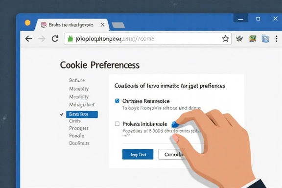 Illustration of a hand adjusting browser settings on a screen, symbolizing cookie preferences management.