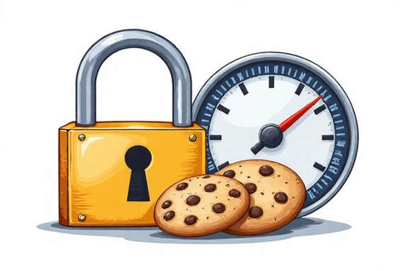 Illustration of a padlock and a speed dial, symbolizing security and performance of cookies.