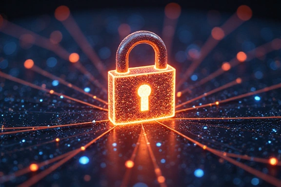Illustration of a secure padlock and network connections